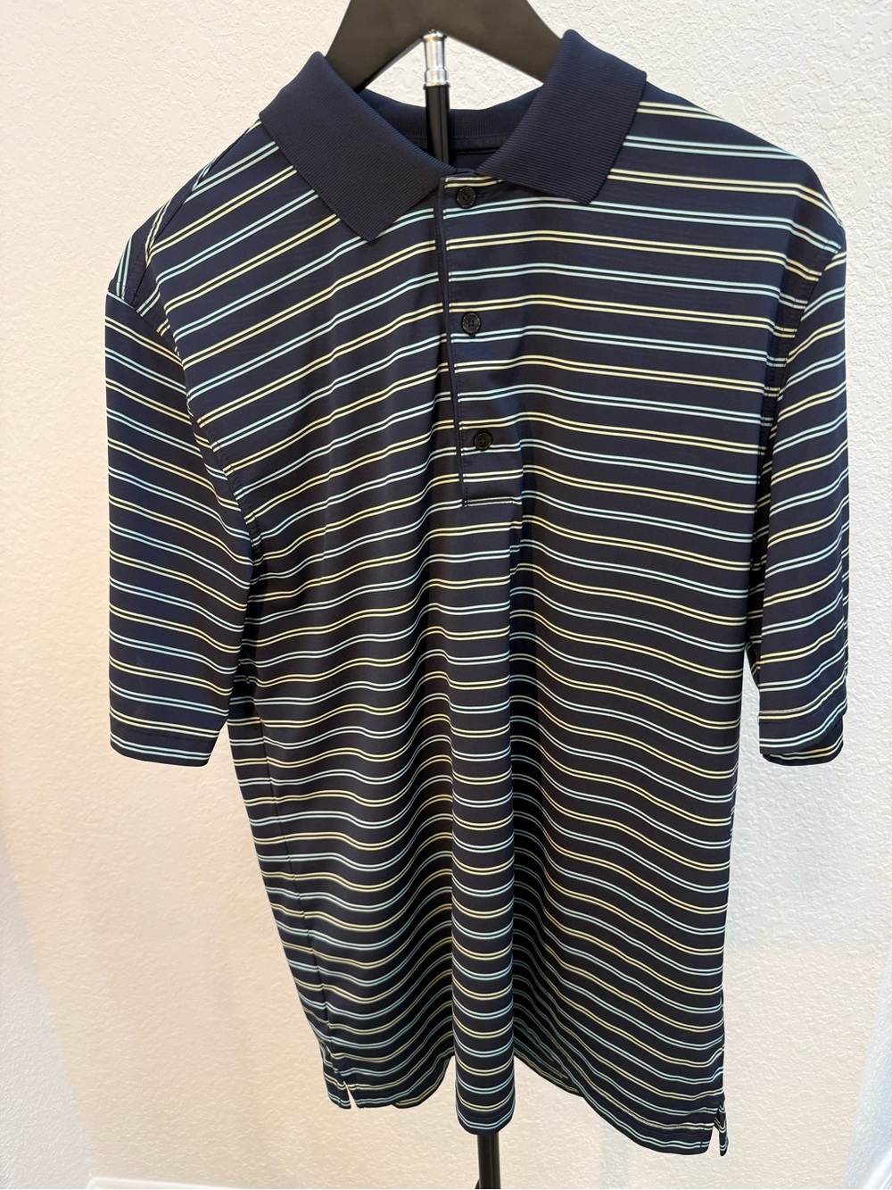 Greg Norman Collection Navy Polo with White and Light Blue Stripes